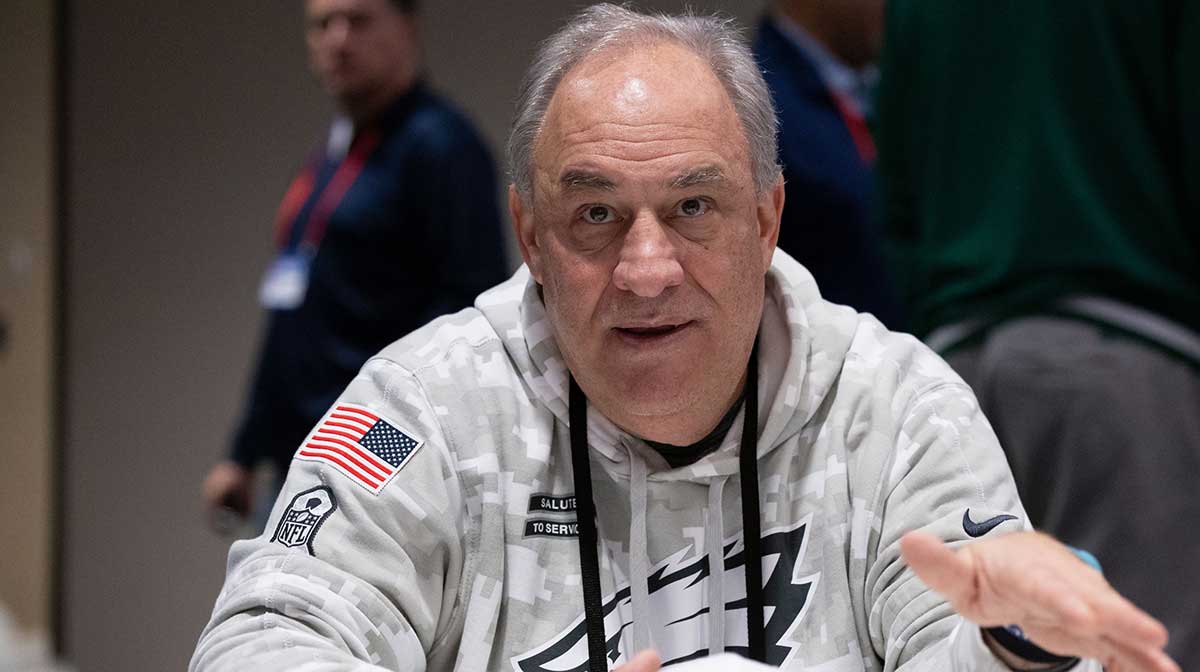 Philadelphia Eagles defensive coordinator Vic Fangio speaks with the media during a press conference at Hilton New Orleans Riverside.