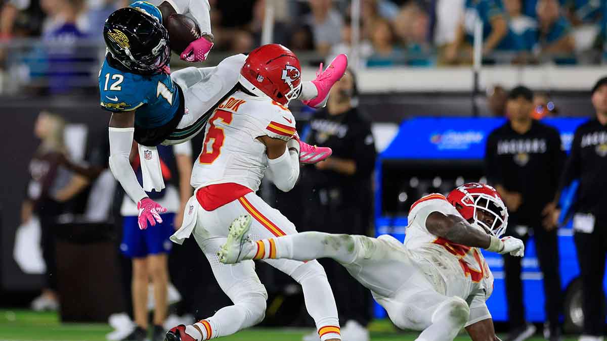 During the third quarter of an NFL football matchup at EverBank Stadium, Monday, Oct. 6, 2025, in Jacksonville, Fla. The Jacksonville Jaguars edged the Kansas City Chiefs 31-28.