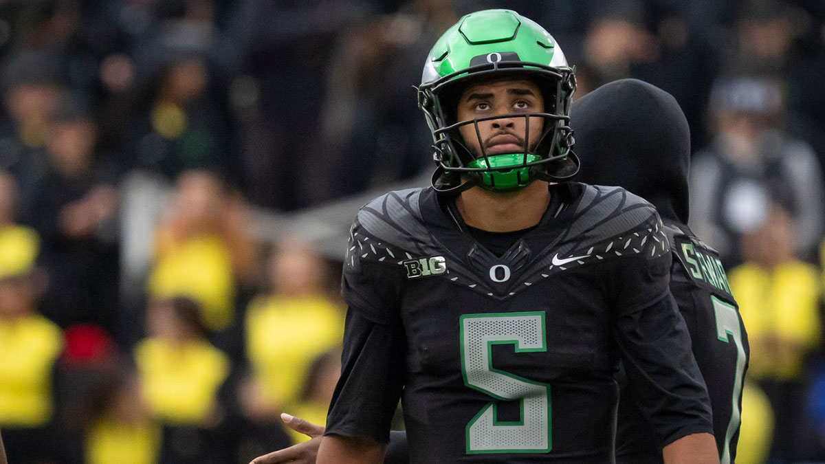 Oregon quarterback Dante Moore looks toward the scoreboard as the Oregon Ducks host the Indiana Hoosiers Oct. 11, 2025, at Autzen Stadium in Eugene, Oregon.