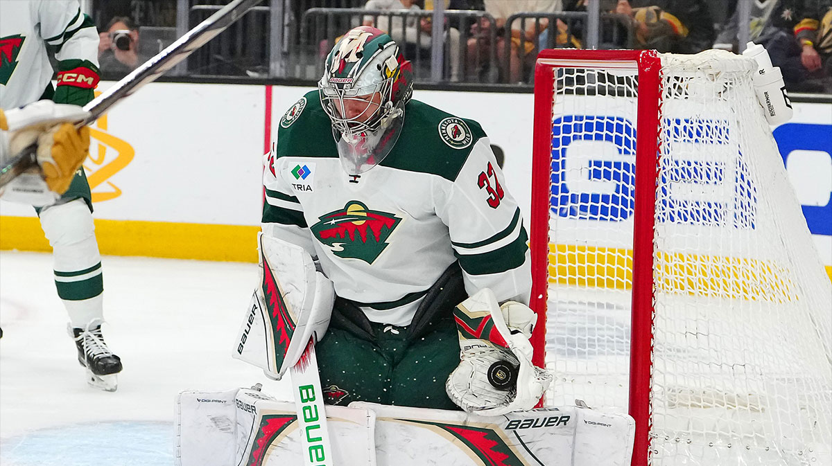 Minnesota Wild goaltender Filip Gustavsson (32) makes a save against the Vegas Golden Knights during the second period of game five of the first round of the 2025 Stanley Cup Playoffs at T-Mobile Arena.