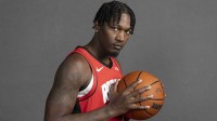 Houston Rockets forward Dorian Finney-Smith (2) poses for a picture during Houston Rockets media day at Toyota Center.