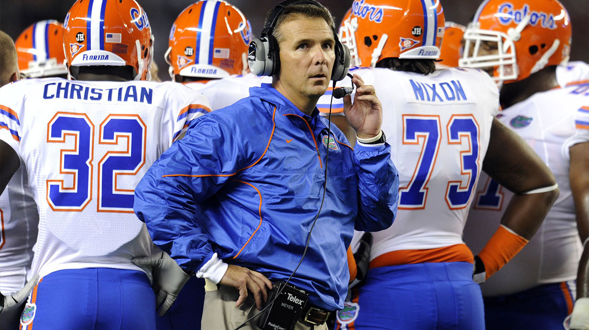 Florida Gators head coach Urban Meyer during a time out on the field against the Alabama Crimson Tide during the first half at Bryant Denny Stadium.