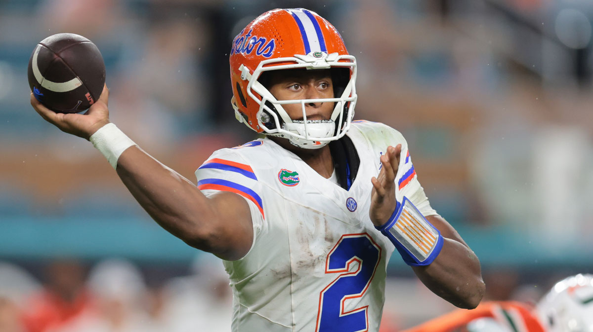 Florida Gators quarterback DJ Lagway (2) passes the football against the Miami Hurricanes during the second quarter at Hard Rock Stadium.