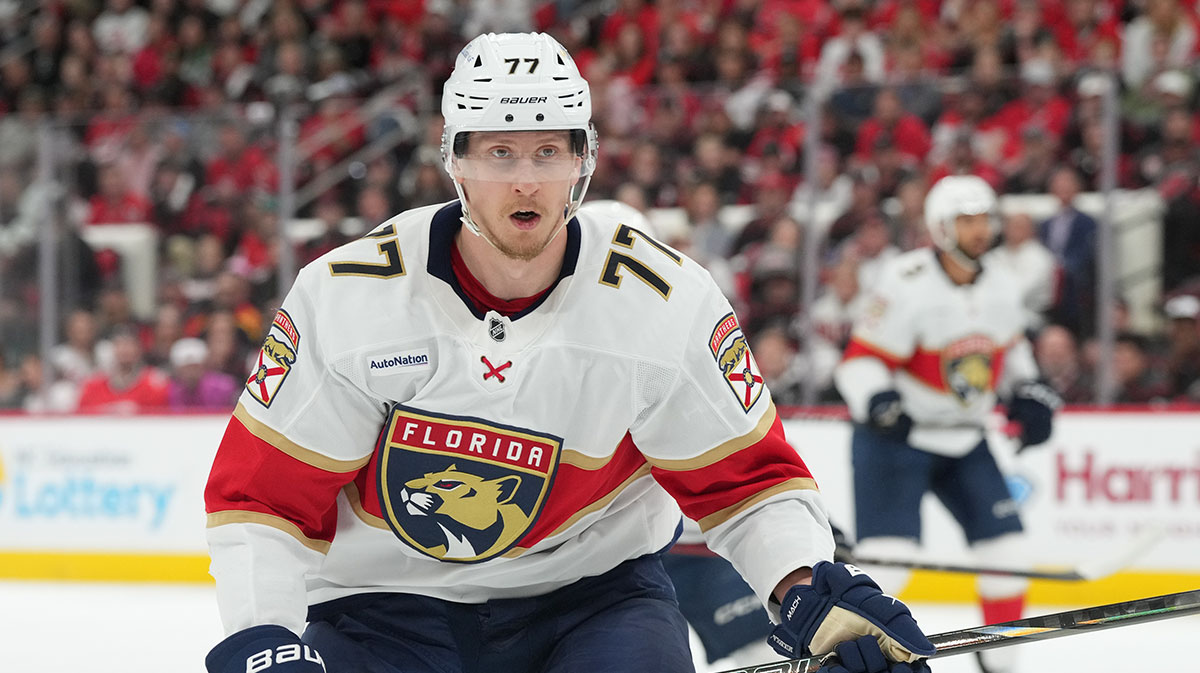 Florida Panthers defenseman Niko Mikkola (77) skates during the first period against the Carolina Hurricanes in game two of the Eastern Conference Final of the 2025 Stanley Cup Playoffs at Lenovo Center. 