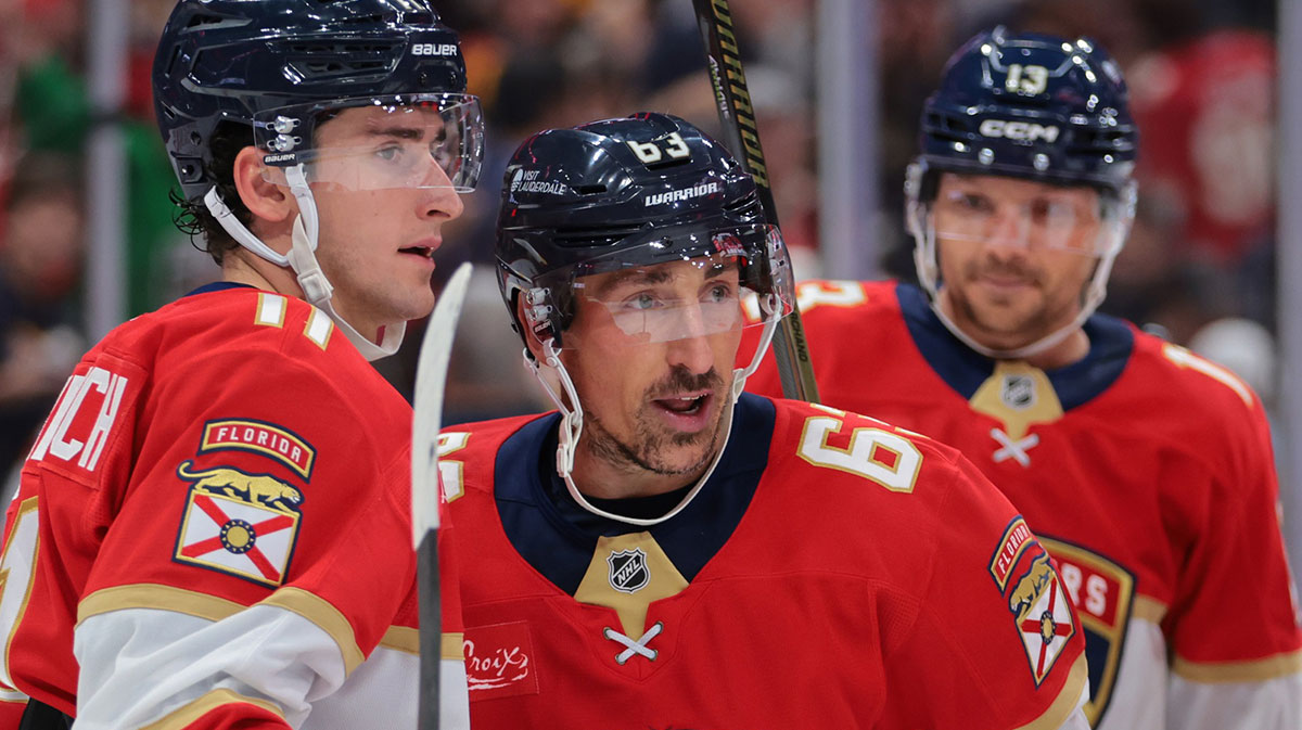 Florida Panthers left wing Brad Marchand (63) celebrates with right wing Mackie Samoskevich (11) after scoring against the Pittsburgh Penguins during the second period at Amerant Bank Arena.