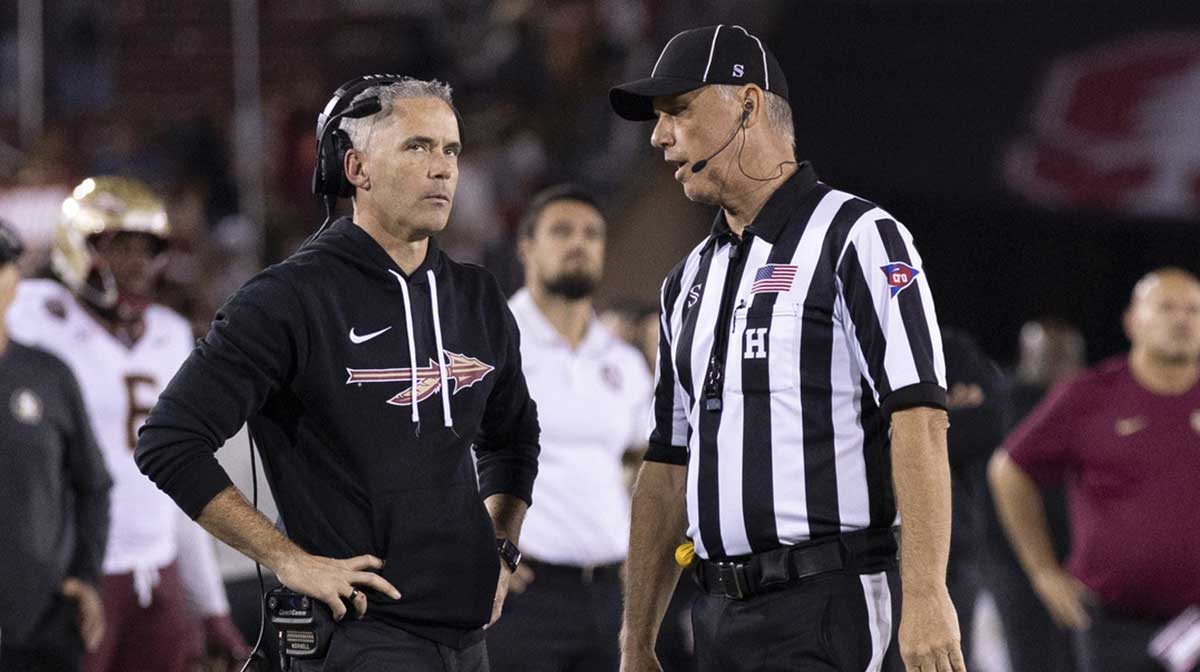 Florida State Seminoles head coach Mike Norvell reacts to the conversation with the referee during the fourth quarter against the Stanford Cardinal at Stanford Stadium.