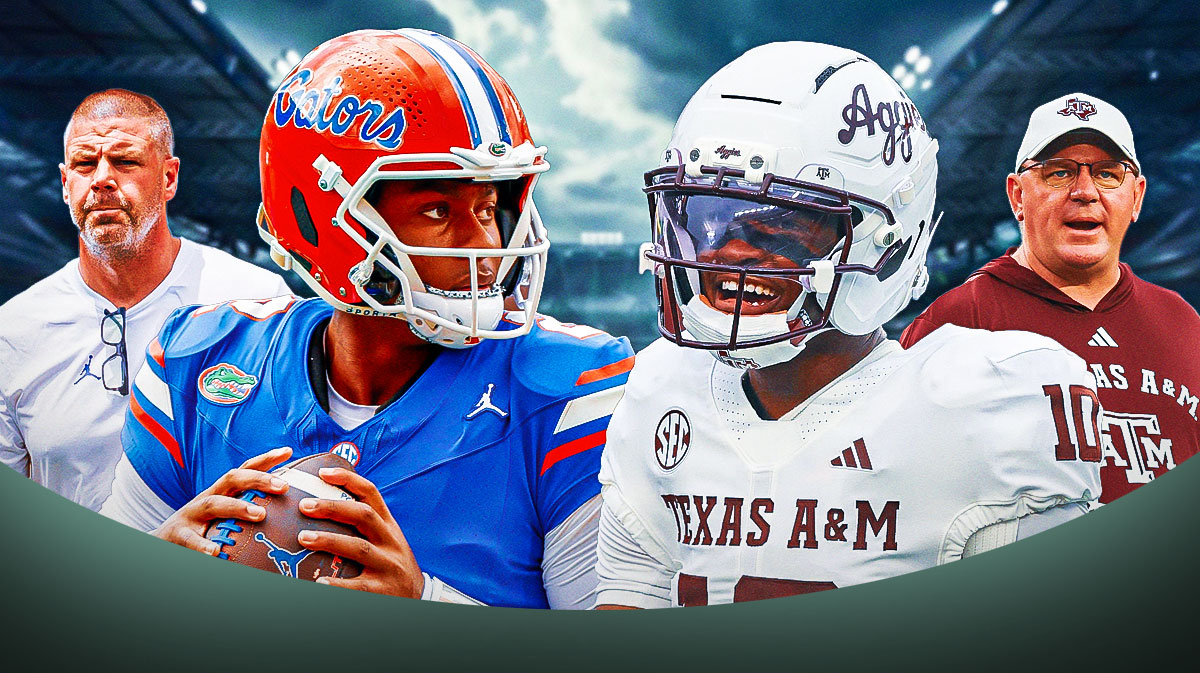 On left, Florida quartertback DJ Lagway and head coach Billy Napier; on right Texas A&M Quarterback- Marcel Reed and head coach Mike Elko