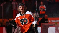 Philadelphia Flyers center Trevor Zegras (46) acknowledges the crowd after win against the Florida Panthers at Wells Fargo Center.
