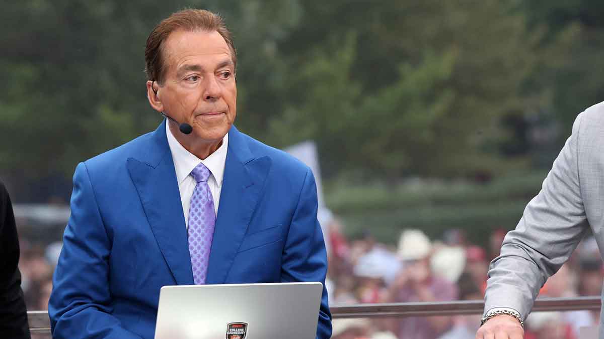 Former Alabama coach Nick Saban is on stage at ESPN College GameDay ahead of the University of Oklahoma-Michigan College football game