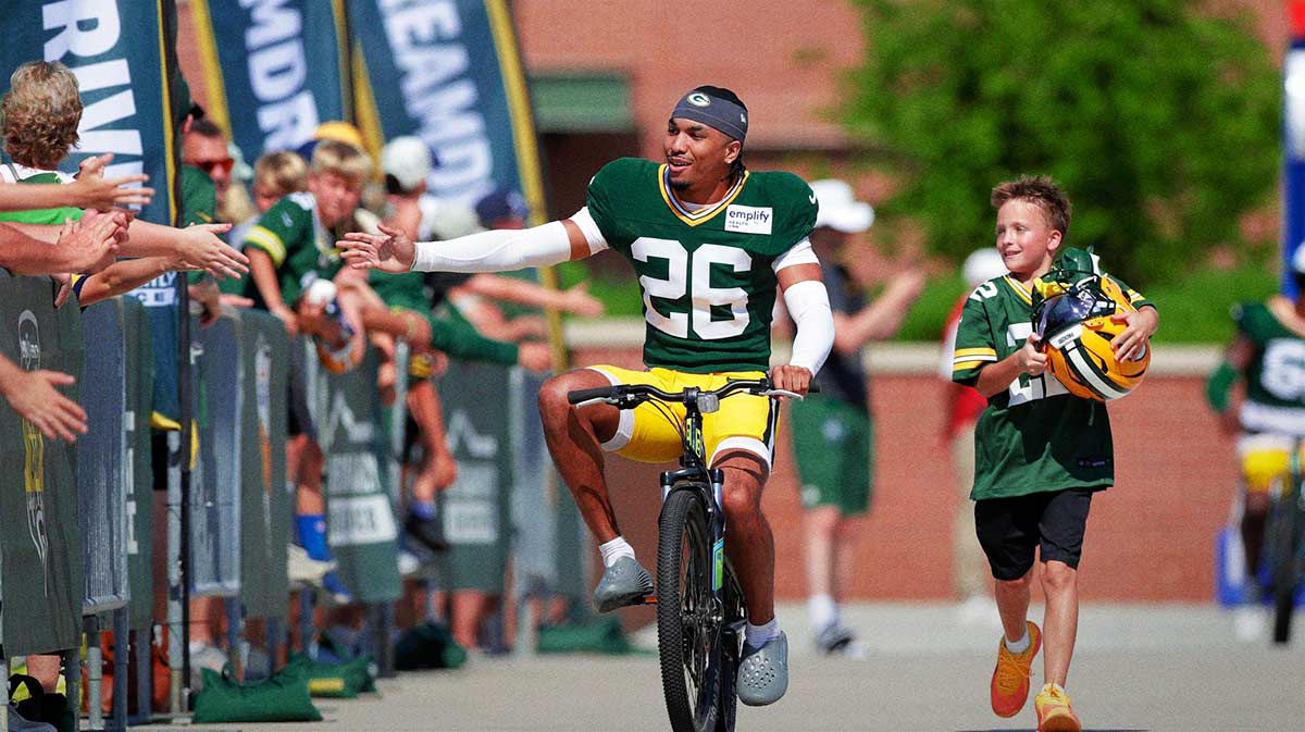Green Bay Packers cornerback Micah Robinson (26) participates in the Dream Drive bicycle ride during the fifth day of training camp on July 28, 2025, in Green Bay, Wis.