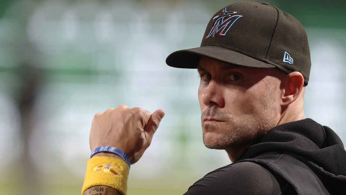 Miami Marlins manager Skip Schumaker (45) looks on from the dugout against the Pittsburgh Pirates during the fifth inning at PNC Park.