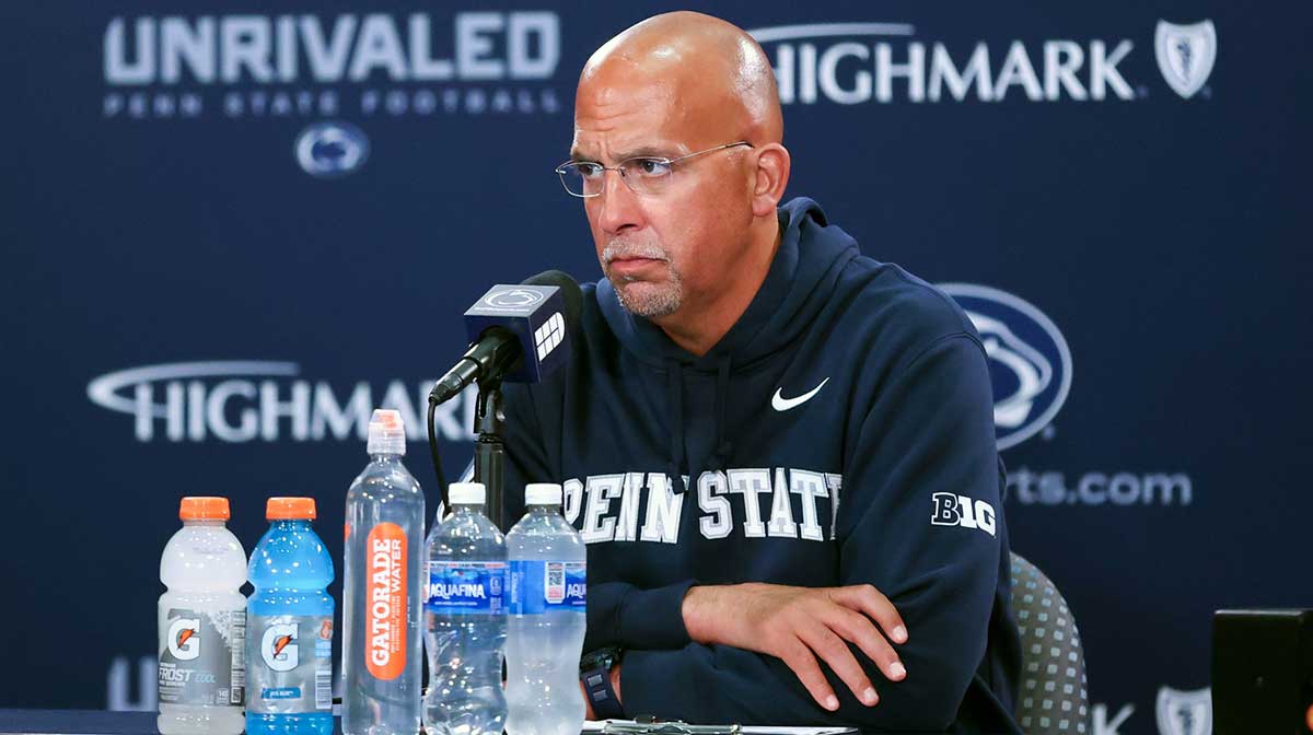 Penn State Nittany Lions head coach James Franklin answers questions from the media following the game against the Northwestern Wildcats at Beaver Stadium.