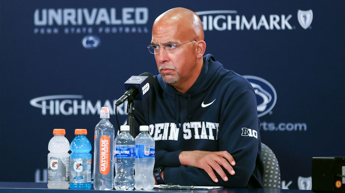 Penn State Nittany Lions head coach James Franklin answers questions from the media following the game against the Northwestern Wildcats at Beaver Stadium.