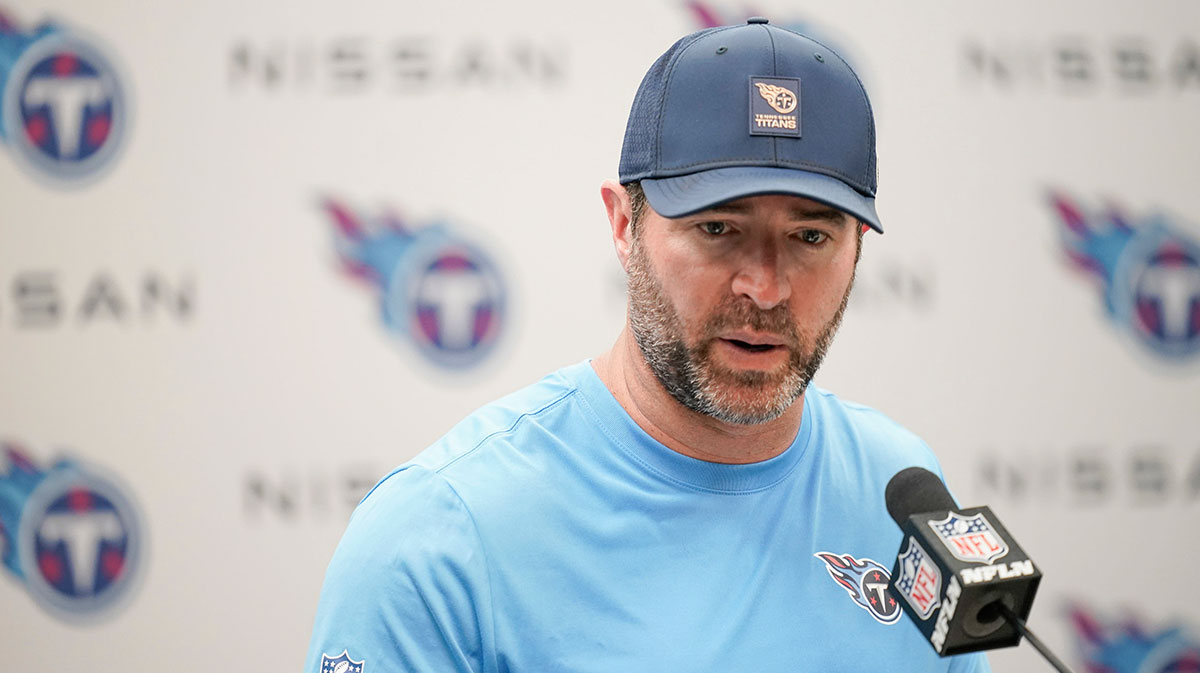 Tennessee Titans coach Brian Callahan takes questions after their 41-20 loss against the Indianapolis Colts at Nissan Stadium in Nashville, Tenn., Sunday, Sept. 21, 2025.