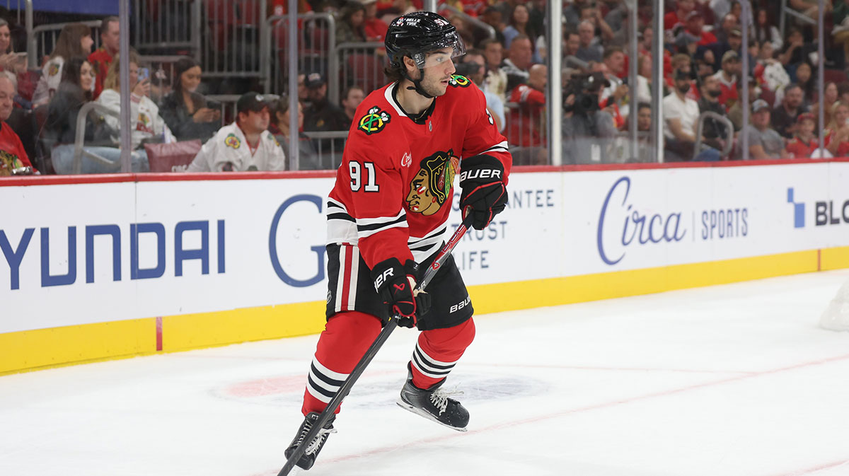 Chicago Blackhawks center Frank Nazar (91) skates with the puck during the first period against the Minnesota Wild at United Center.