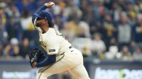 Milwaukee Brewers starting pitcher Freddy Peralta (51) pitches during the first inning of the National League Championship Series game against the Los Angeles Dodgers October 14, 2025 at American Family Field in Milwaukee, Wisconsin