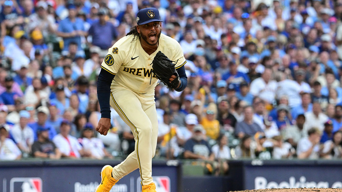 Milwaukee Brewers starting pitcher Freddy Peralta (51) reacts after striking out Chicago Cubs second baseman Nico Hoerner (not pictured) during the fifth inning of game one of the NLDS round for the 2025 MLB playoffs at American Family Field
