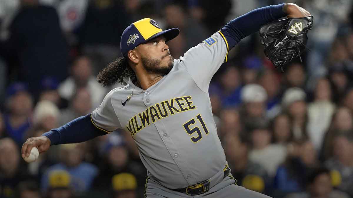 Milwaukee Brewers pitcher Freddy Peralta (51) throws pitch against the Chicago Cubs during the first inning for game four of the NLDS round for the 2025 MLB playoffs at Wrigley Field.