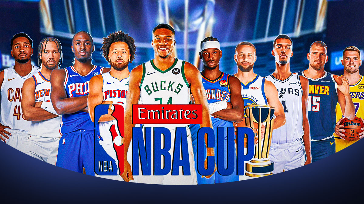 Giannis Antetokounmpo, Shai Gilgeous-Alexander, and other NBA stars with NBA Cup logo