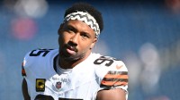 Cleveland Browns defensive end Myles Garrett (95) looks on during warm up prior to the game against the New England Patriots at Gillette Stadium.