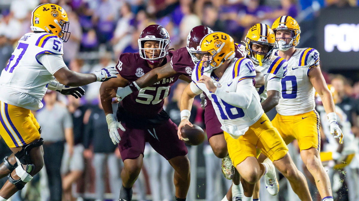 Tigers Quarterback Garrett Nussmeier 18 scrambles and is sacked by Linebacker Jaiden Bracker 15 as LSU Tigers take on the Texas A&M Aggies. October 25, 2025; Baton Rouge, Louisiana, USA; at Tiger Stadium. Saturday, Oct. 25, 2025.