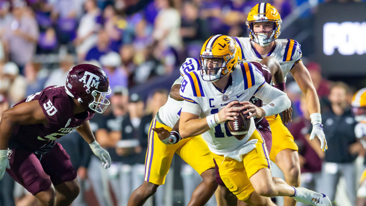 Tigers Quarterback Garrett Nussmeier 18 scrambles and is sacked by Linebacker Jaiden Bracker 15 as LSU Tigers take on the Texas A&M Aggies. October 25, 2025; Baton Rouge, Louisiana, USA; at Tiger Stadium. Saturday, Oct. 25, 2025.