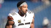 Cleveland Browns defensive end Myles Garrett (95) looks on during warm up prior to the game against the New England Patriots at Gillette Stadium
