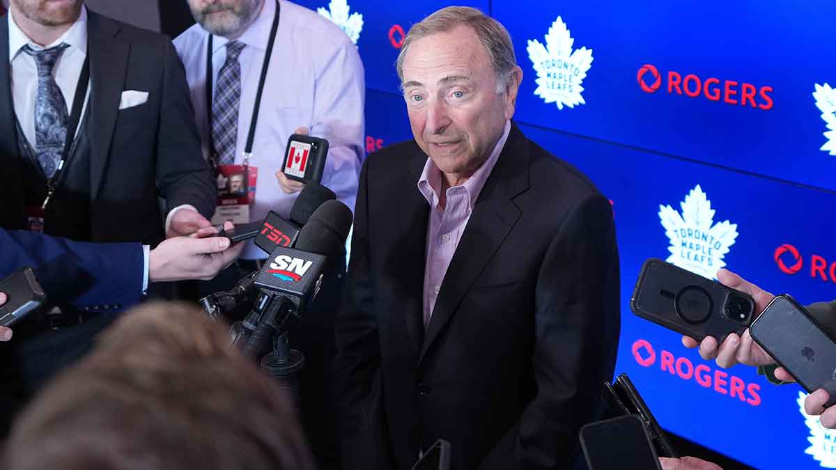 The Commissioner of the NHL Gary Bettman speaks to the media before a game between the Montreal Canadiens and the Toronto Maple Leafs at Scotiabank Arena.