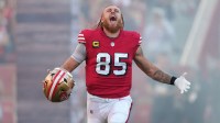 San Francisco 49ers tight end George Kittle (85) runs onto the field prior to the game against the Atlanta Falcons at Levi's Stadium.