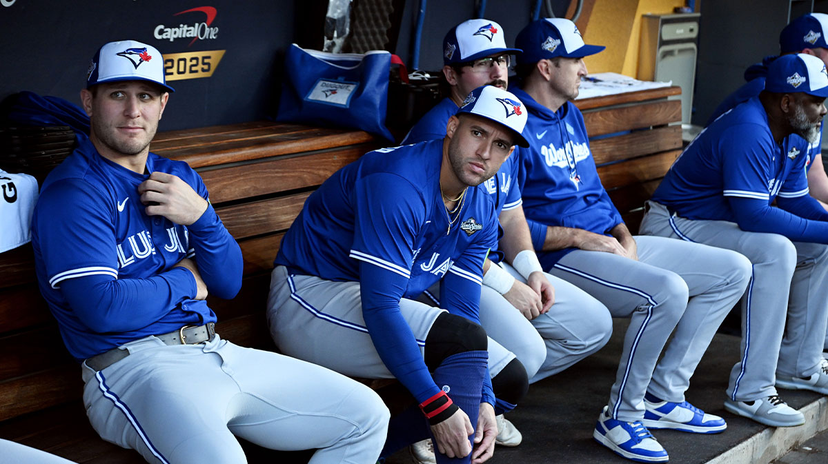 Toronto Blue Jays right fielder George Springer (4) looks on before game three of the 2025 MLB World Series against the Los Angeles Dodgers at Dodger Stadium.