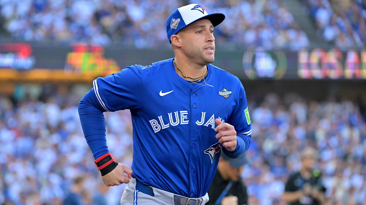 Toronto Blue Jays right fielder George Springer (4) is introduced before game three of the 2025 MLB World Series against the Los Angeles Dodgers at Dodger Stadium.