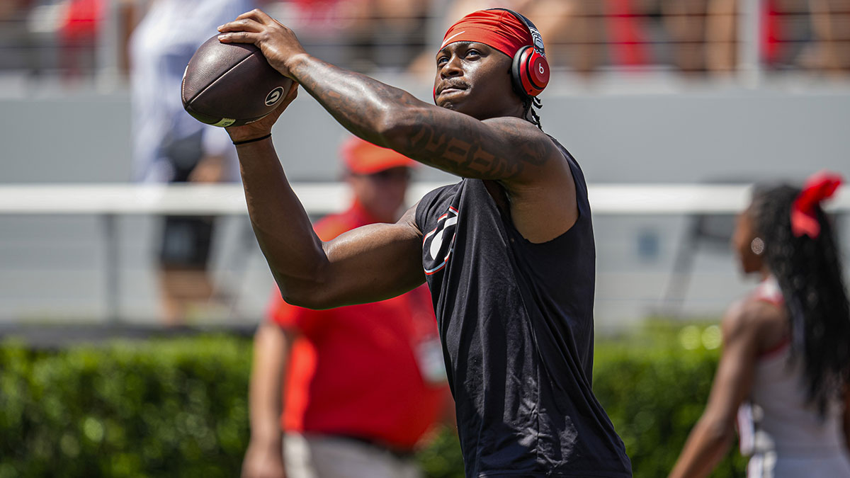 Georgia Bulldogs wide receiver Colbie Young (8) warms up on the field prior to the game against the Marshall Thundering Herd at Sanford Stadium.