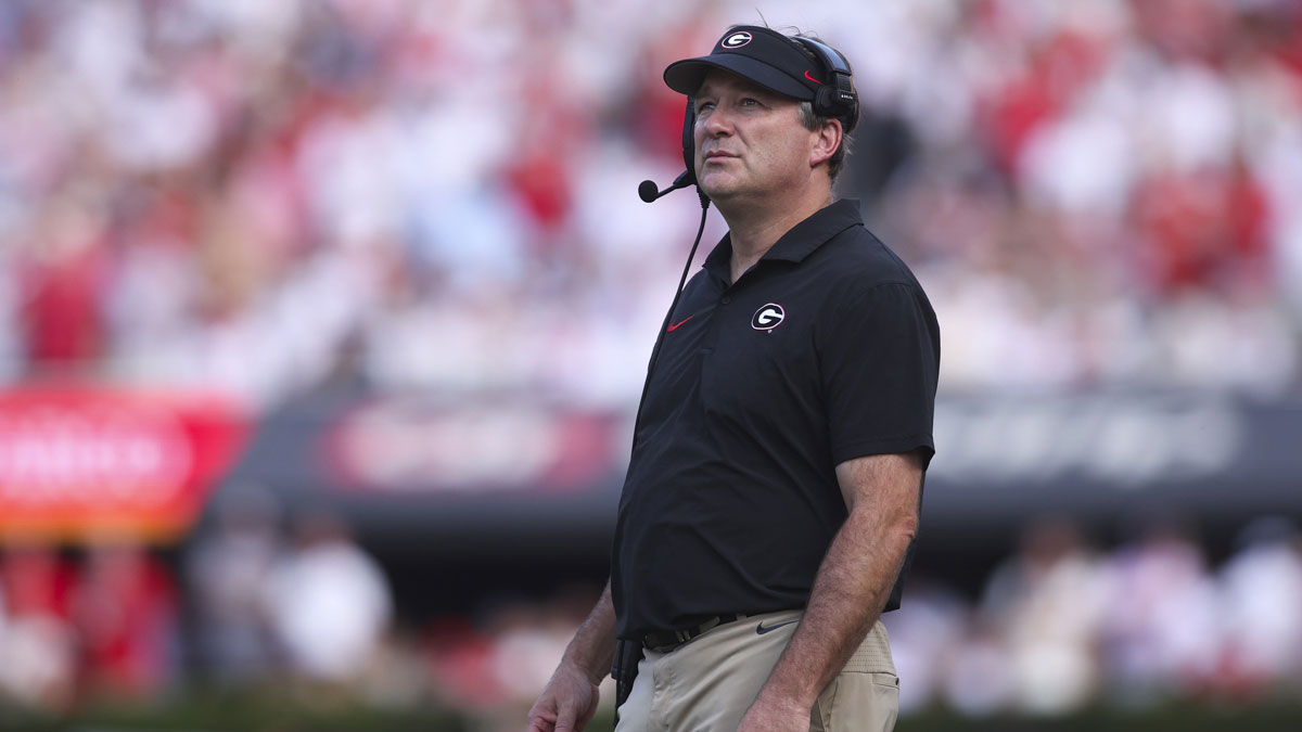 Georgia Bulldogs head coach Kirby Smart reacts during the first half of the game against the Mississippi Rebels at Sanford Stadium. Mandatory Credit: Brett Davis-Imagn Images