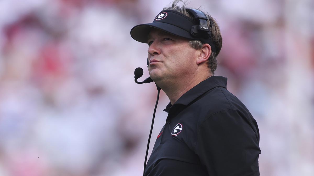 Georgia Bulldogs head coach Kirby Smart reacts during the first half of the game against the Mississippi Rebels at Sanford Stadium.