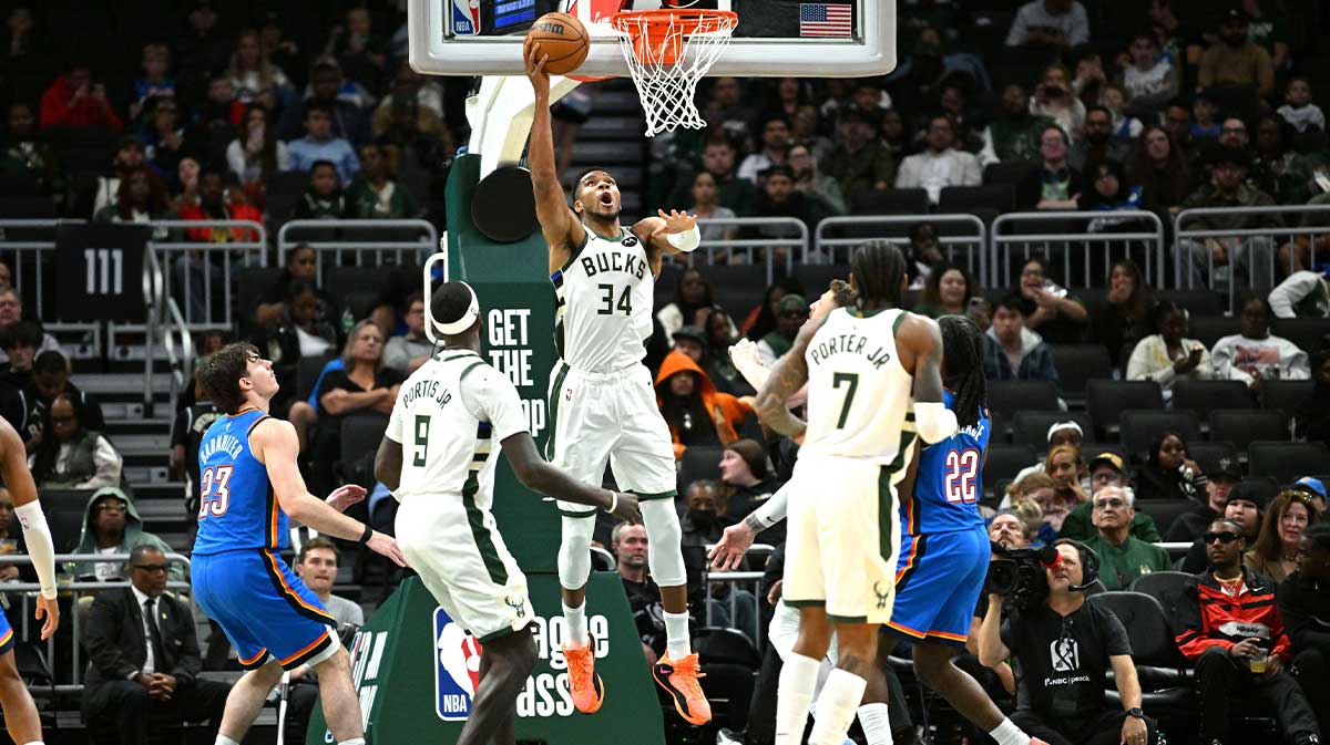 Milwaukee Bucks forward Giannis Antetokounmpo (34) dunks against the Oklahoma City Thunder during the second half at Fiserv Forum. 