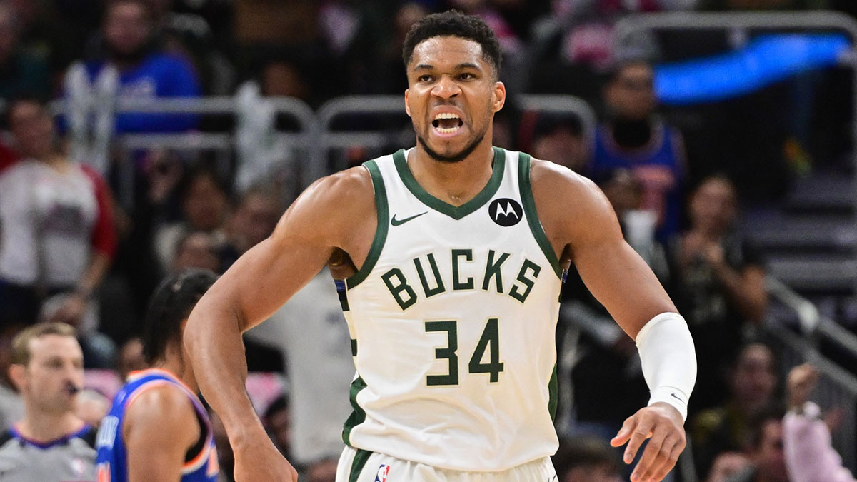 Milwaukee Bucks forward Giannis Antetokounmpo (34) reacts after scoring a basket in the 3rd quarter against the New York Knicks at Fiserv Forum.