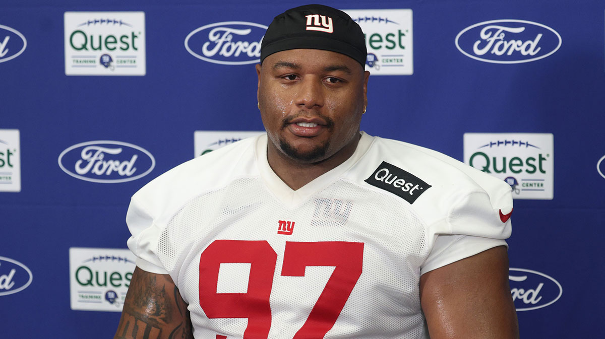Jul 23, 2025; East Rutherford, NJ, USA; New York Giants defensive tackle Dexter Lawrence II (97) talks with media during training camp at Quest Diagnostics Training Center. Mandatory Credit: Vincent Carchietta-Imagn Images