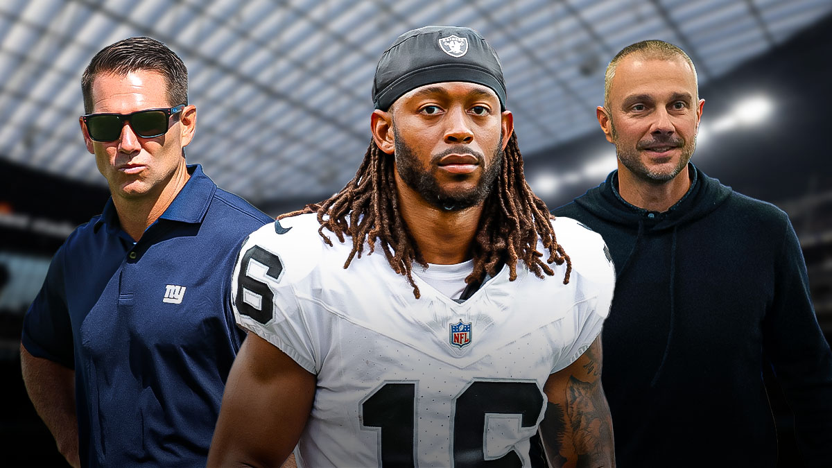 Raiders WR Jakobi Meyers (center) with Giants GM Joe Schoen (left) and Raiders GM John Spytek (right)