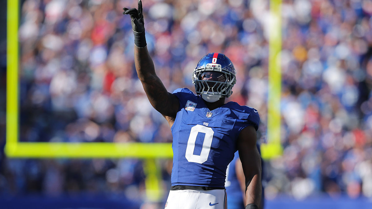 New York Giants linebacker Brian Burns (0) celebrates after sacking Los Angeles Chargers quarterback Justin Herbert (10) (not pictured) during the fourth quarter at MetLife Stadium.
