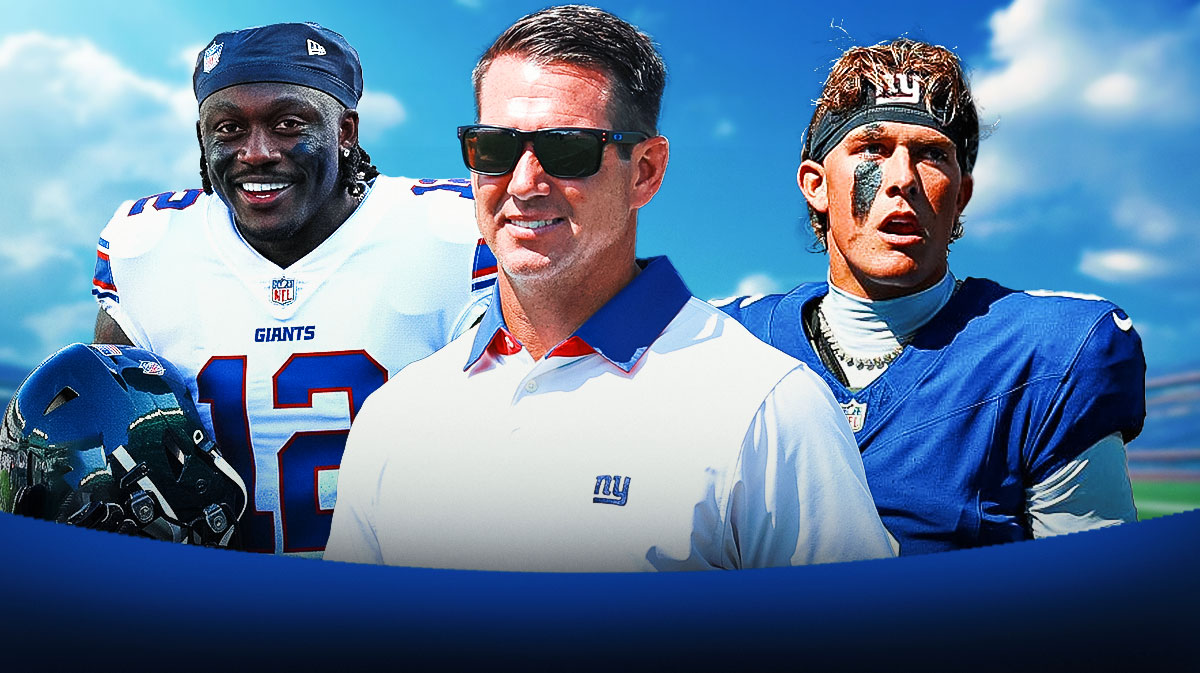 Eagles WR AJ Brown wearing New York Giants #12 jersey. Giants GM Joe Schoen and Giants QB Jaxson Dart behind him