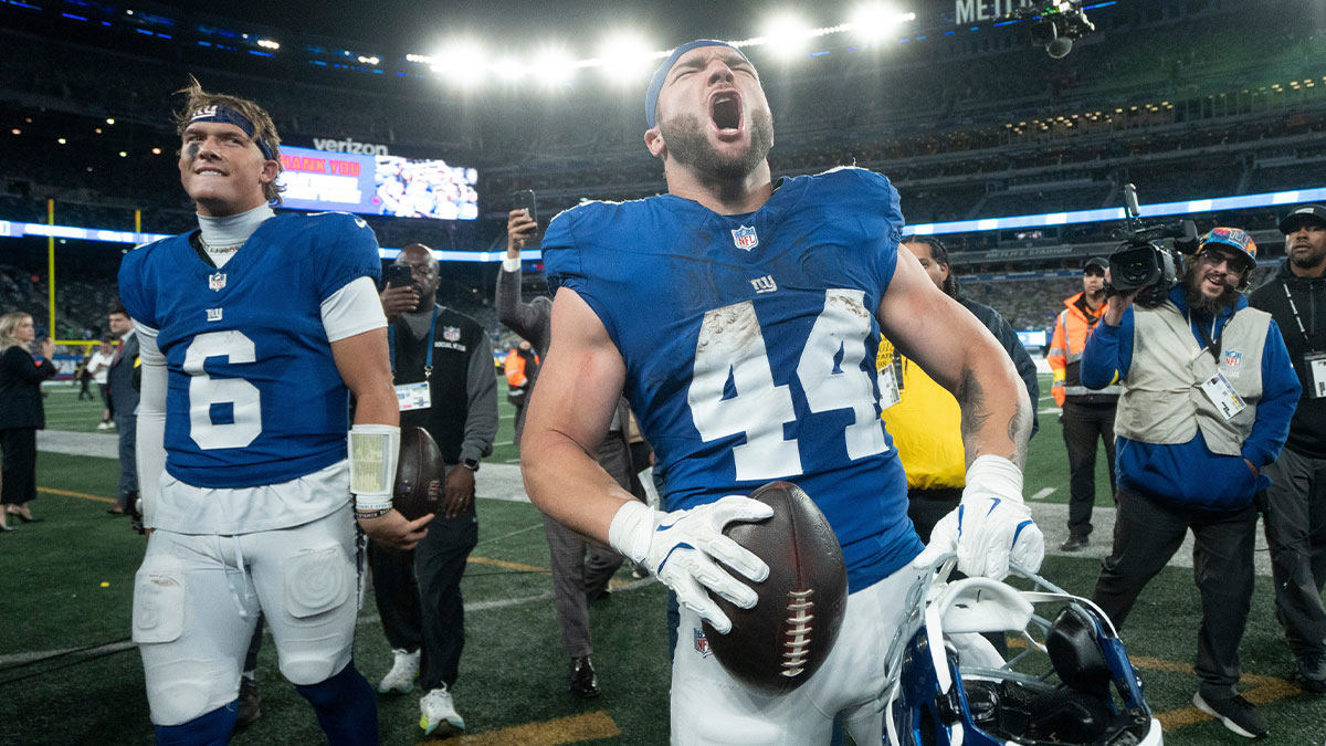 New York Giants running back Cam Skattebo (44) and New York Giants quarterback Jaxson Dart (6) walk off the field after winning a Thursday Night Football game between the New York Giants and the Philadelphia Eagles at MetLife Stadium in East Rutherford on Oct. 9, 2025.