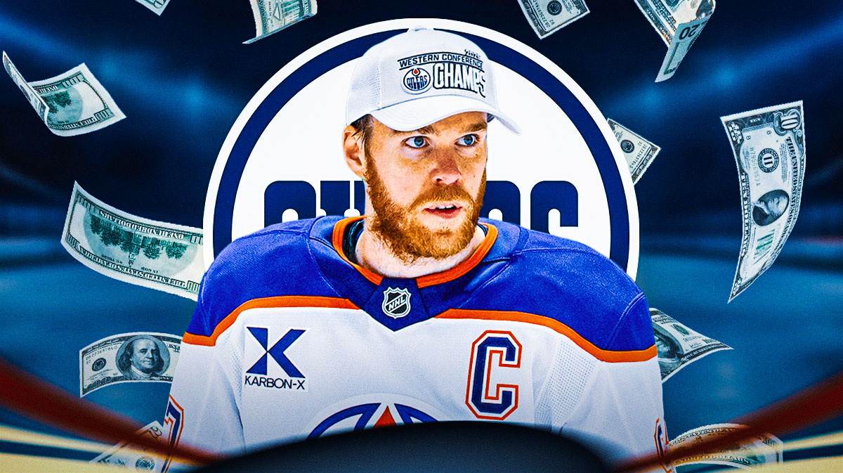 Connor McDavid with money around him, Oilers logo in the background.