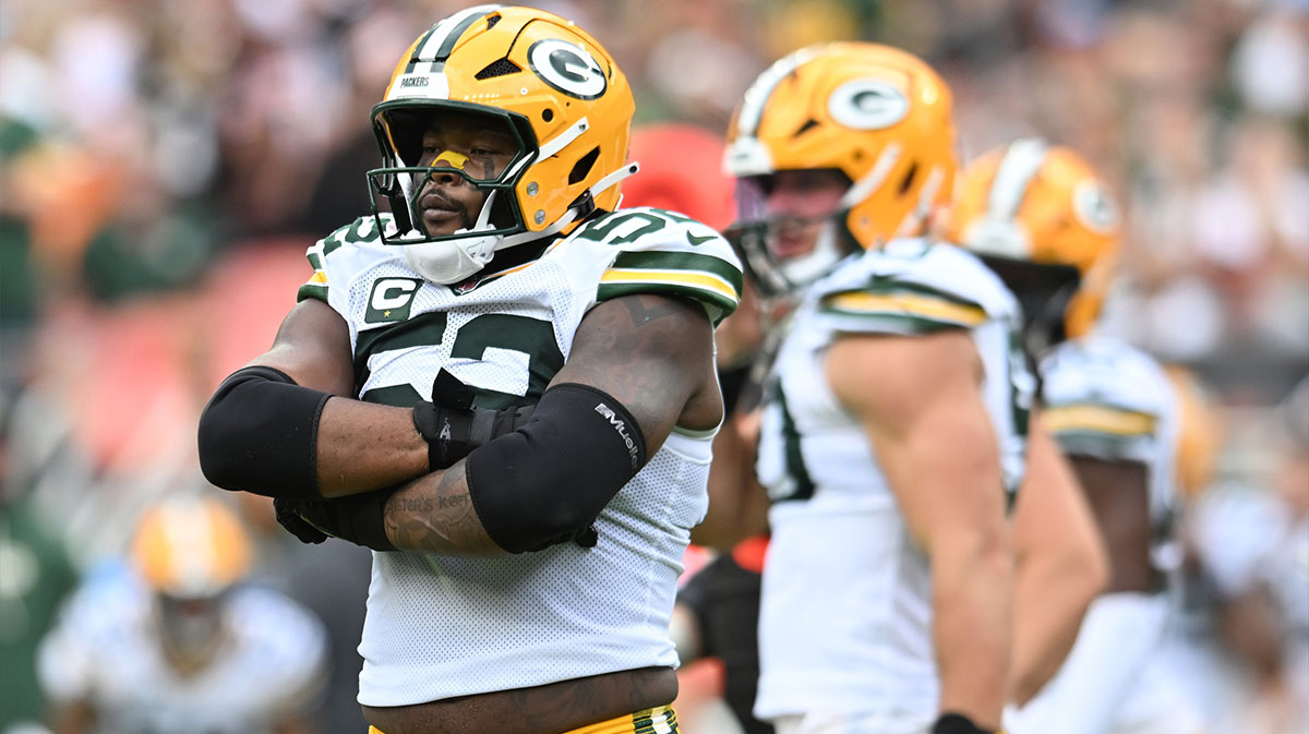 Green Bay Packers defensive end Rashan Gary (52) celebrates after a sack against the Cleveland Browns