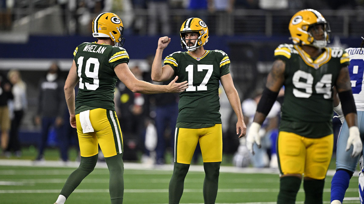  Green Bay Packers place kicker Brandon McManus (17) celebrates with punter Daniel Whelan (19) after kicking a field goal
