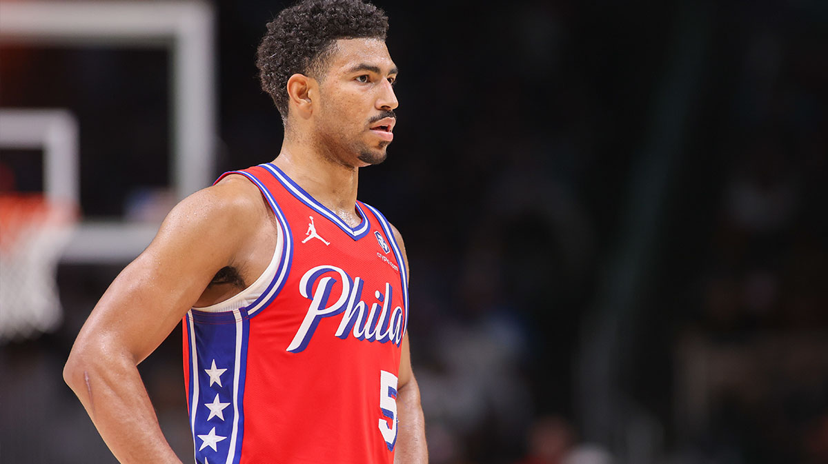 Philadelphia 76ers guard Quentin Grimes (5) in action against the Atlanta Hawks in the third quarter at State Farm Arena