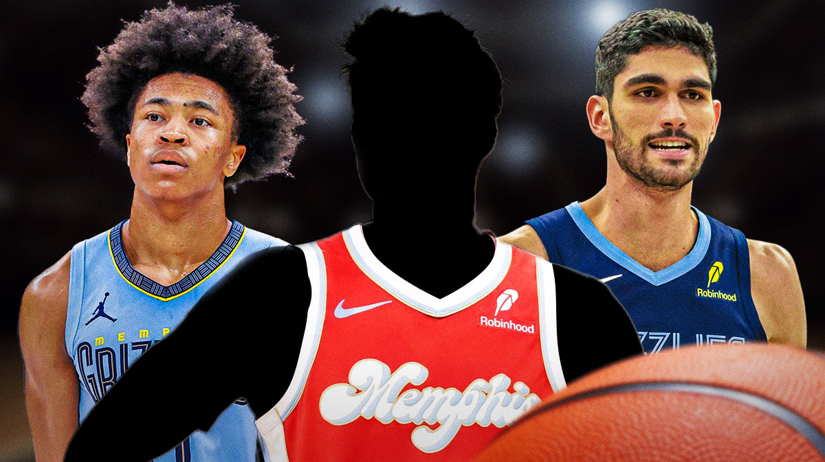 Jaylen Wells, Santi Aldama, silhouette of a player in Grizzlies jersey