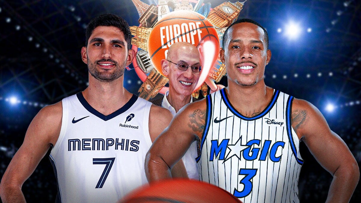 Santi Aldama, Adam Silver, Desmond Bane NBA Europe logo