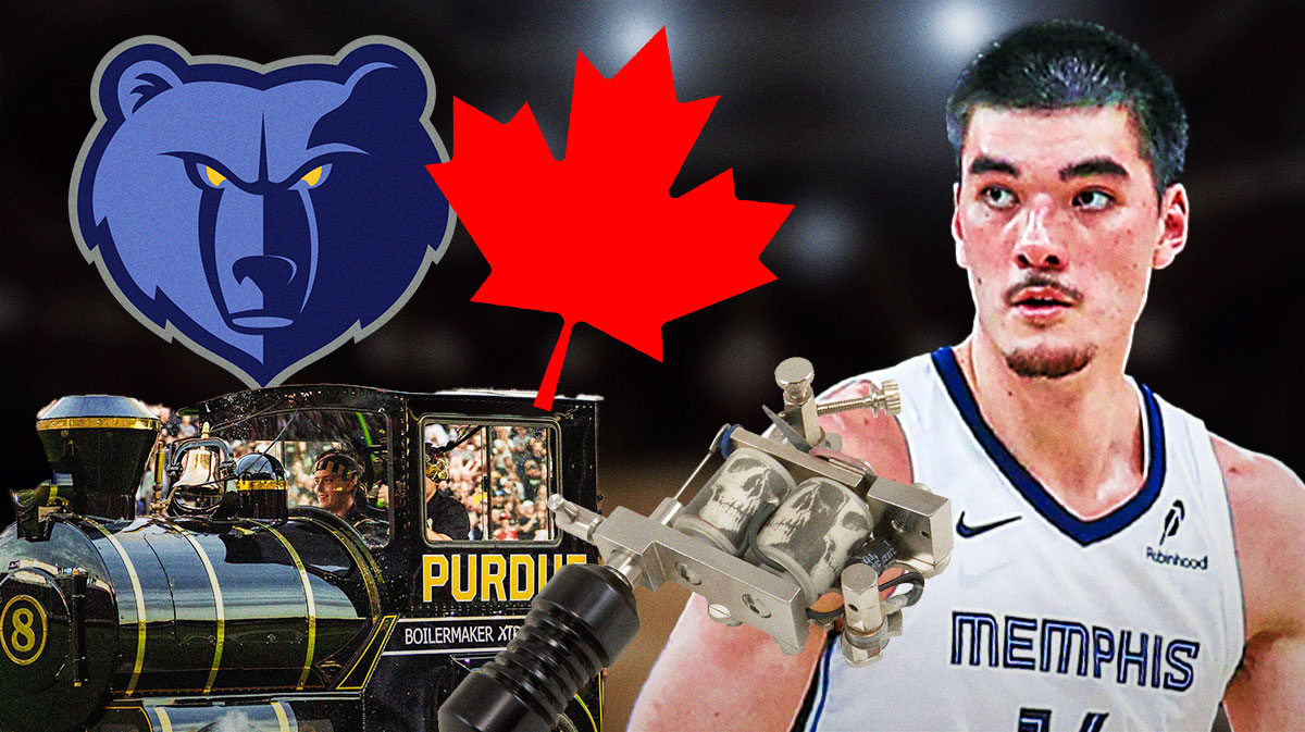 Zach Edey, Grizzlies logo, Purdue Boilermaker train, Canadian maple leaf Tattoo gun