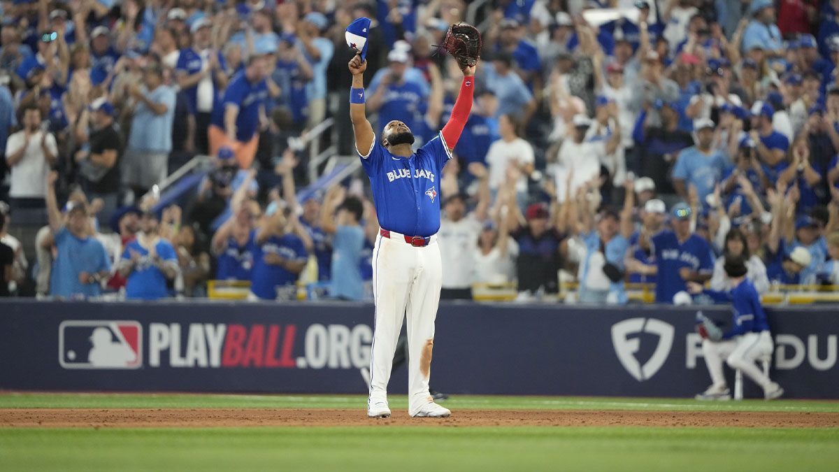 Toronto Blue Jays first baseman Vladimir Guerrero Jr. (27) celebrates after winning game two of the ALDS against the New York Yankees for the 2025 MLB playoffs at Rogers Centre