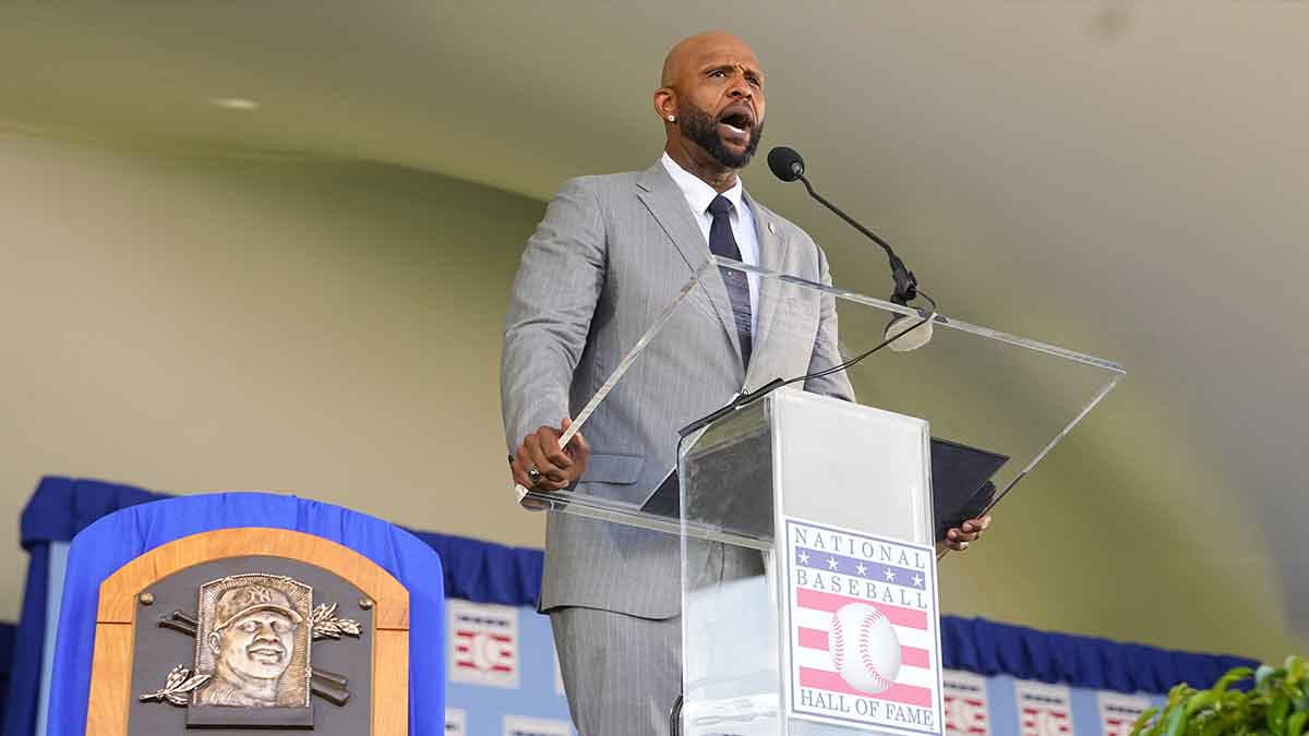 Hall of Fame inductee CC Sabathia makes his acceptance speech during the Baseball Hall of Fame Induction Ceremony at the Clark Sports Center.